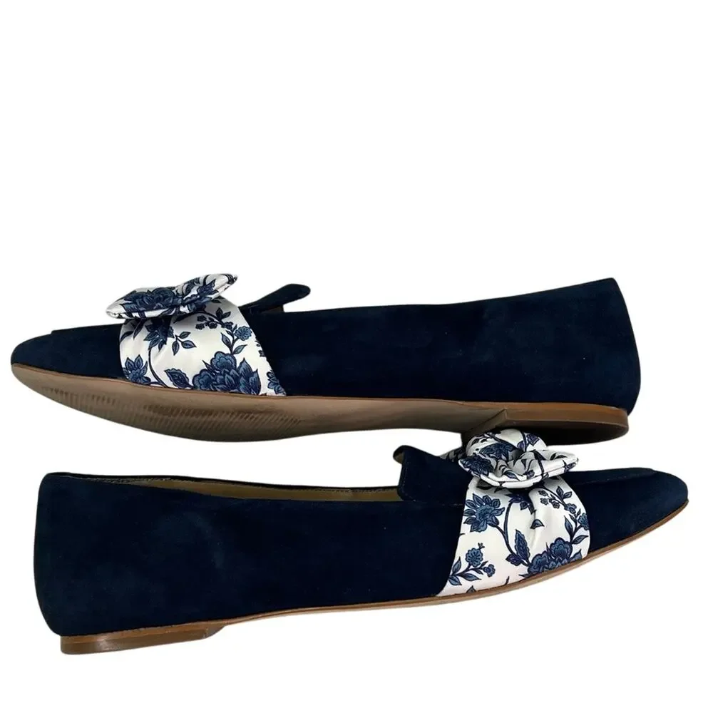 Talbots Women’s Stella Navy Blue Floral Bow Suede Loafers